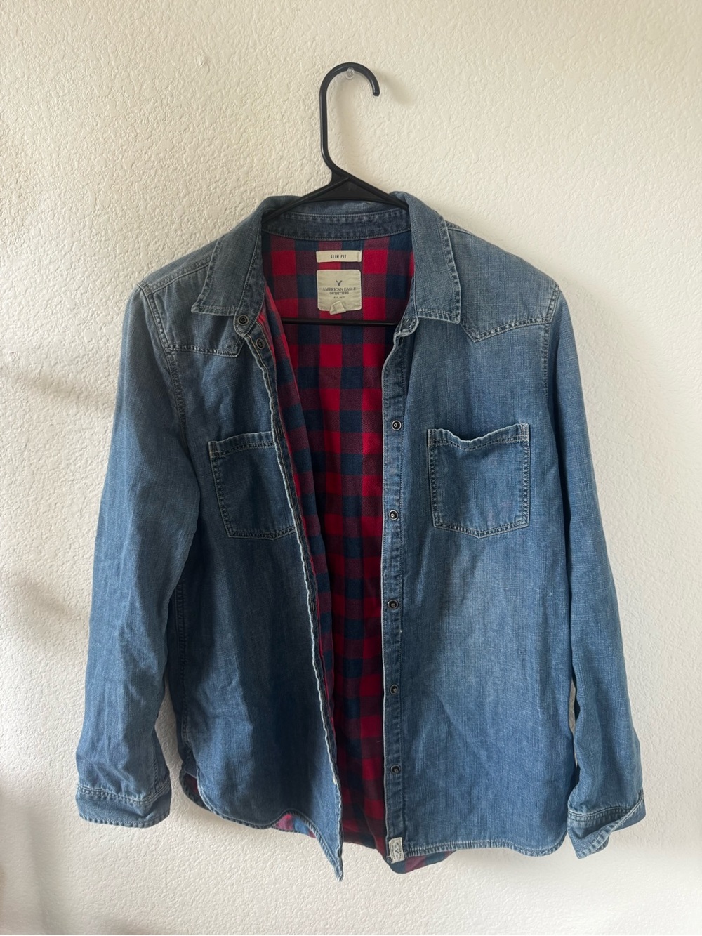 Women’s American Eagle Denim Jacket with Red Plaid Lining